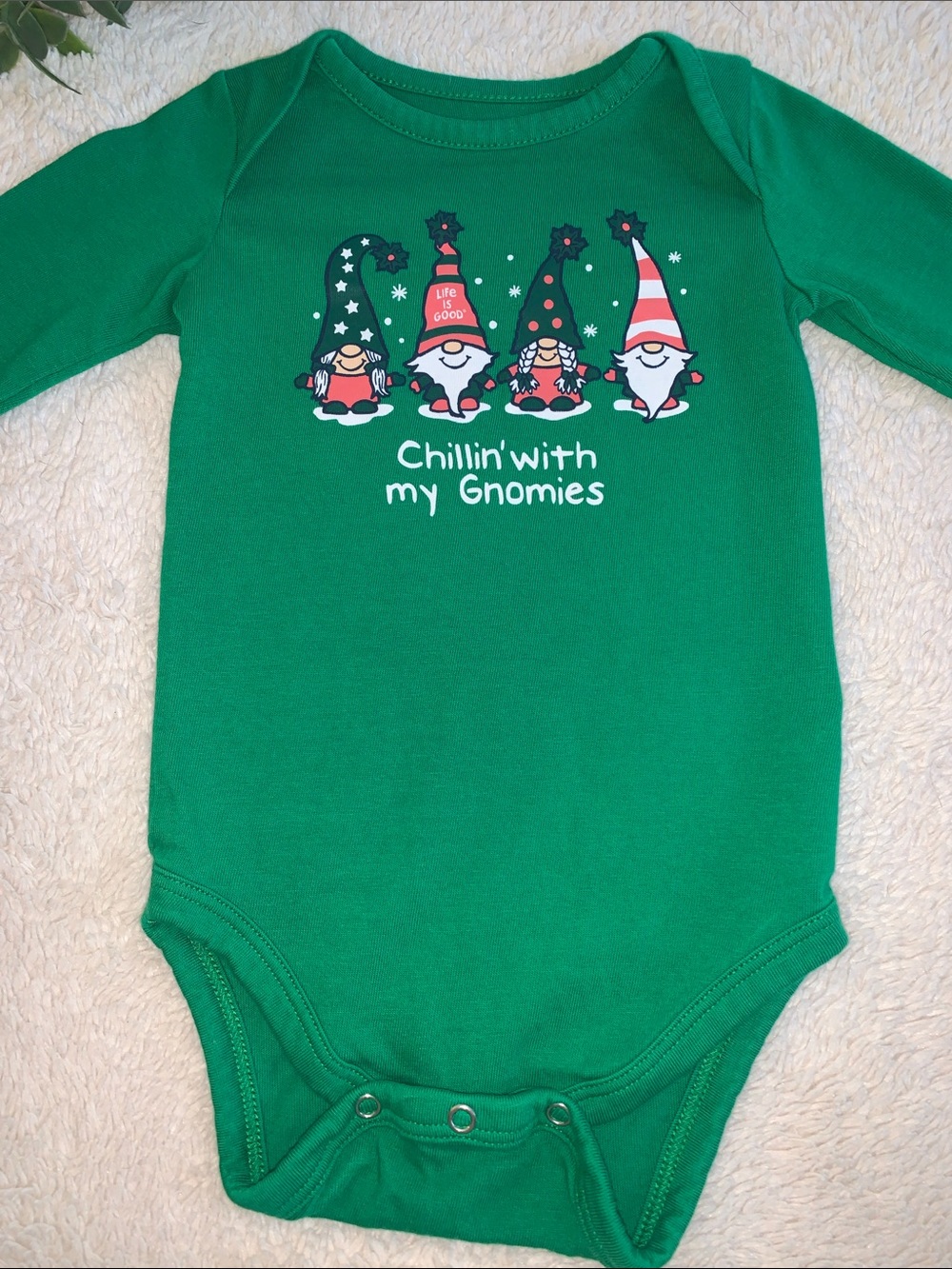 Life Is Good Holiday Gnomes Green Bodysuit 6-12M Baby EUC
